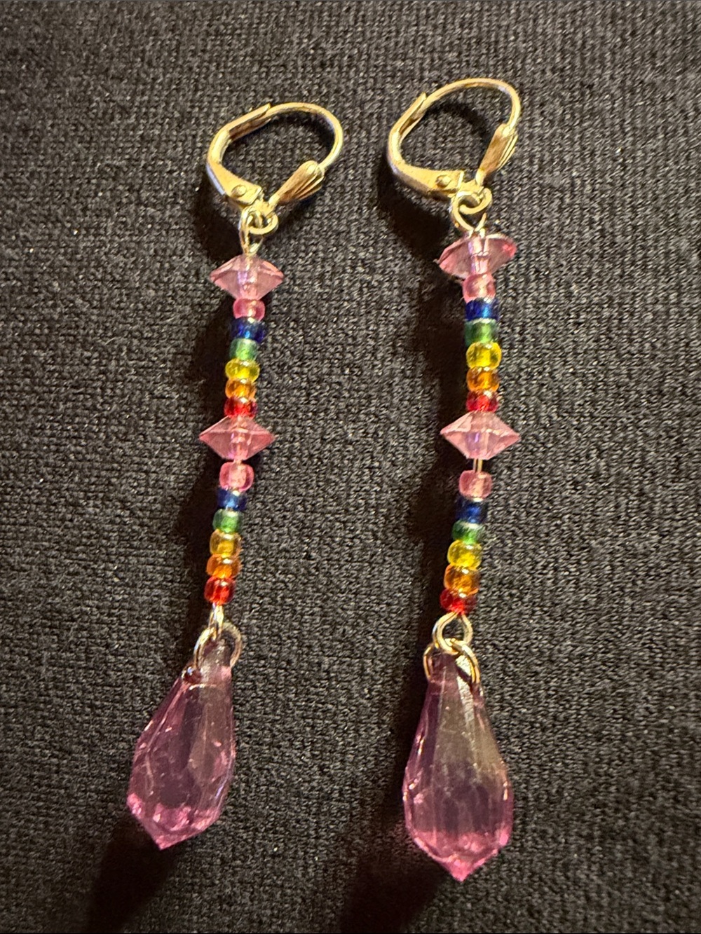Handmade Dangle Pierced Earrings -Vibrant Rainbow Seed Beads with Purple crystal